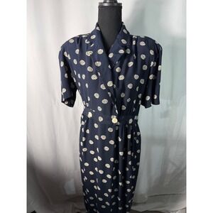 VTG Liz Claiborne Navy Swirl Print Midi Dress Women's Size 10 Short Sleeve